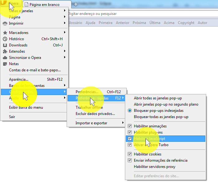 Clique em 'Menu', movimente o mouse sobre 'Configurações' então mova o mouse sobre 'Preferências Rápidas' e marque a caixa 'Habilitar Javascript'